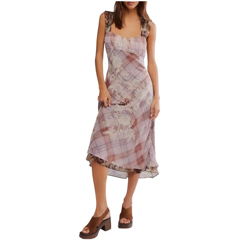 Free People Pink Plaid Floral Midi Dress